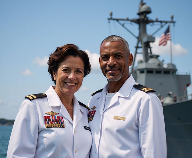Two members of the coast guard standing in front of a ship.
