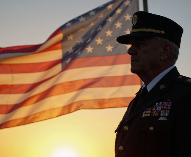 A member of the military standing in front of a waving American flag.