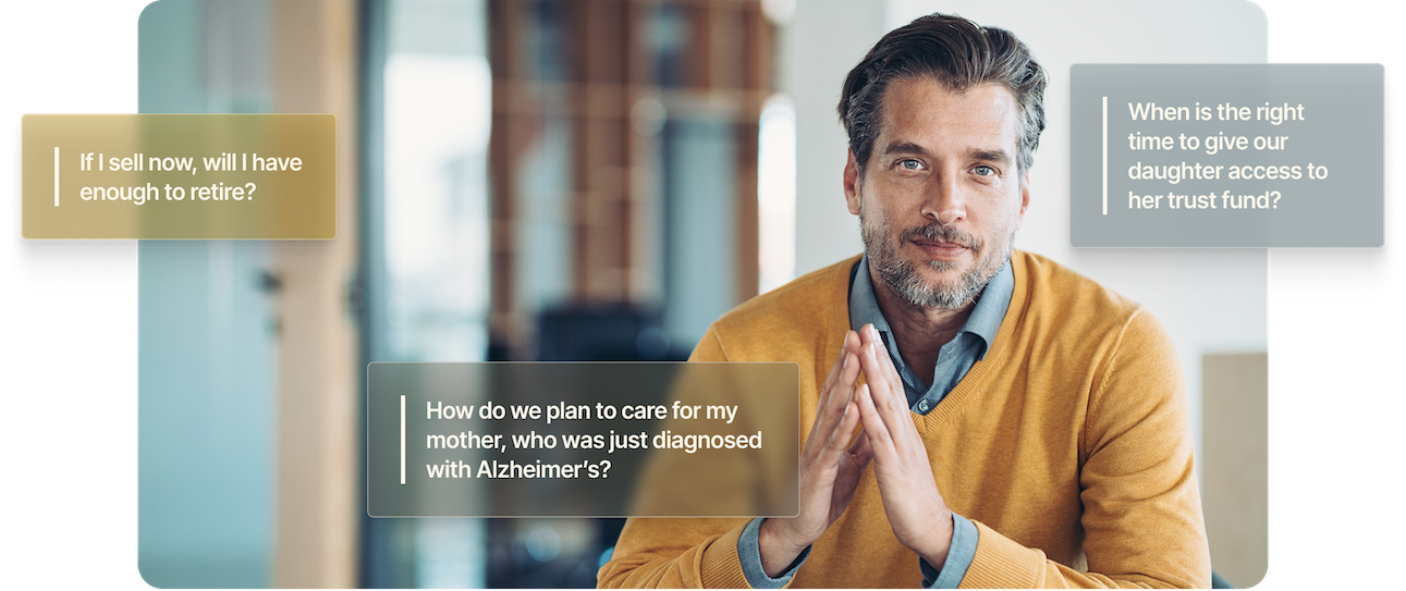 Image of a client portrayed as having many questions about finances.